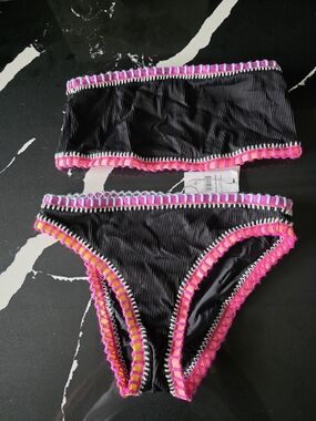 Black Bandeau Bikini Set with Pink Trim